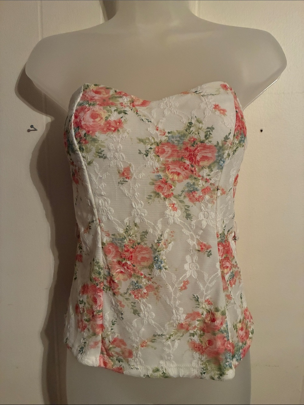 Floral Lace Strapless Bustier Top - White with Pink Roses